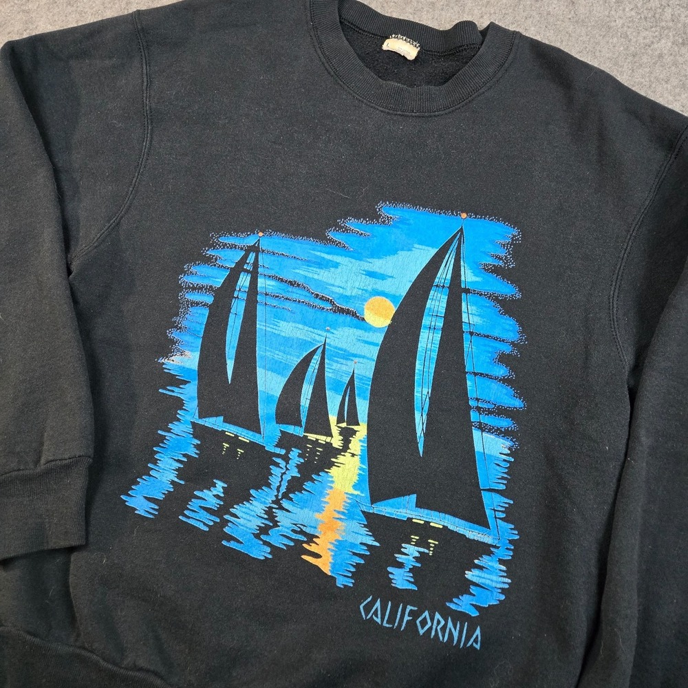 Vintage 90s California Sail Boat Sweatshirt Mens L Black Nautical‎ Beach Surfing